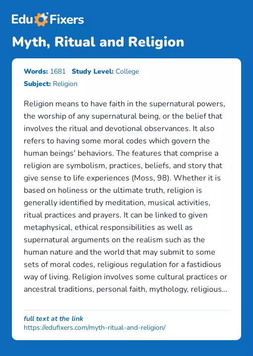 Myth, Ritual and Religion - Essay Preview