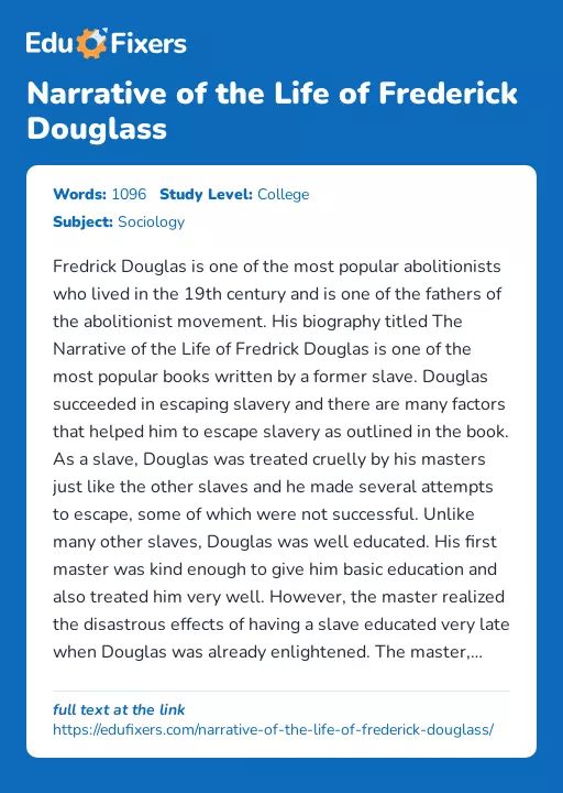 Narrative of the Life of Frederick Douglass - Essay Preview