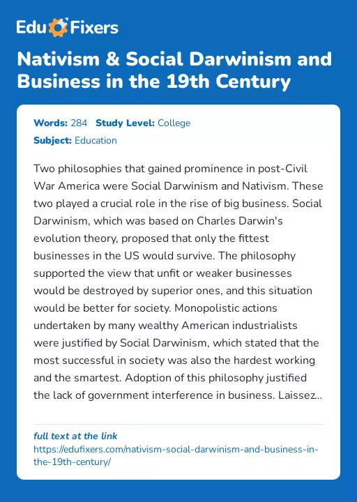 Nativism & Social Darwinism and Business in the 19th Century - Essay Preview