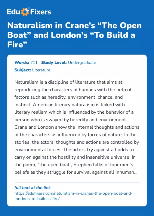 Naturalism in Crane’s “The Open Boat” and London’s “To Build a Fire” - Essay Preview