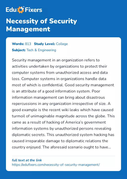 Necessity of Security Management - Essay Preview