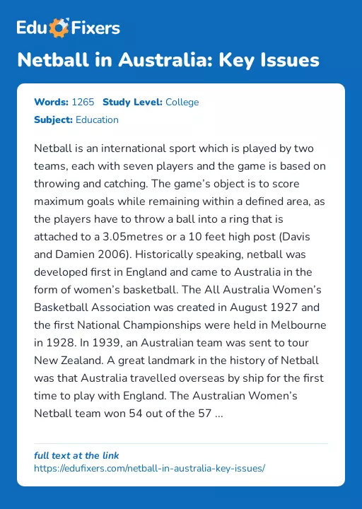 Netball in Australia: Key Issues - Essay Preview