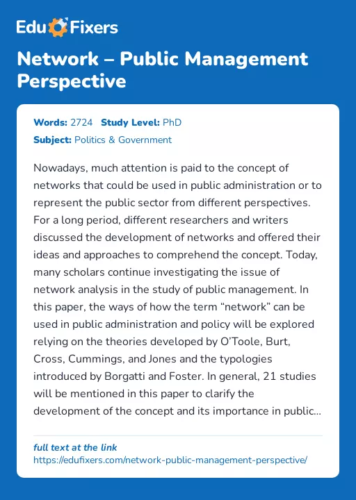 Network – Public Management Perspective - Essay Preview