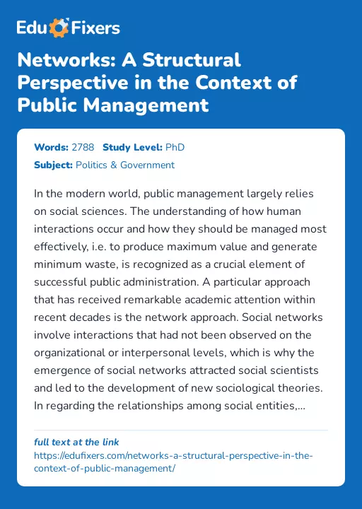 Networks: A Structural Perspective in the Context of Public Management - Essay Preview