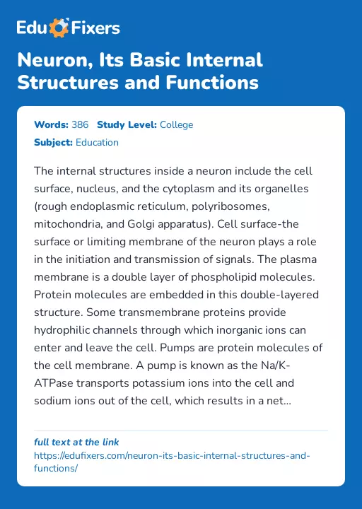 Neuron, Its Basic Internal Structures and Functions - Essay Preview