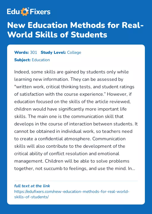 New Education Methods for Real-World Skills of Students - Essay Preview