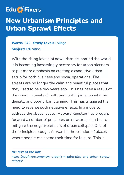 New Urbanism Principles and Urban Sprawl Effects - Essay Preview