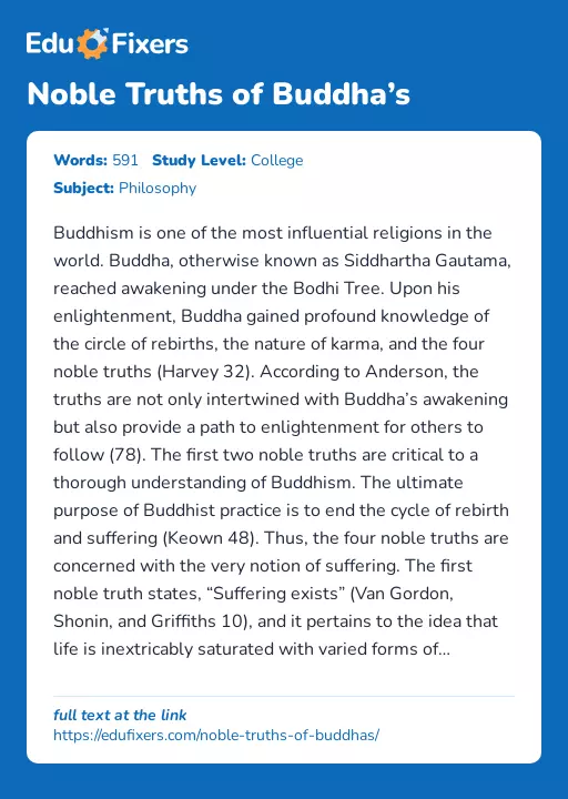 Noble Truths of Buddha’s - Essay Preview