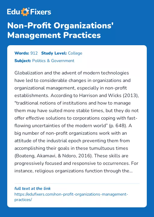 Non-Profit Organizations' Management Practices - Essay Preview