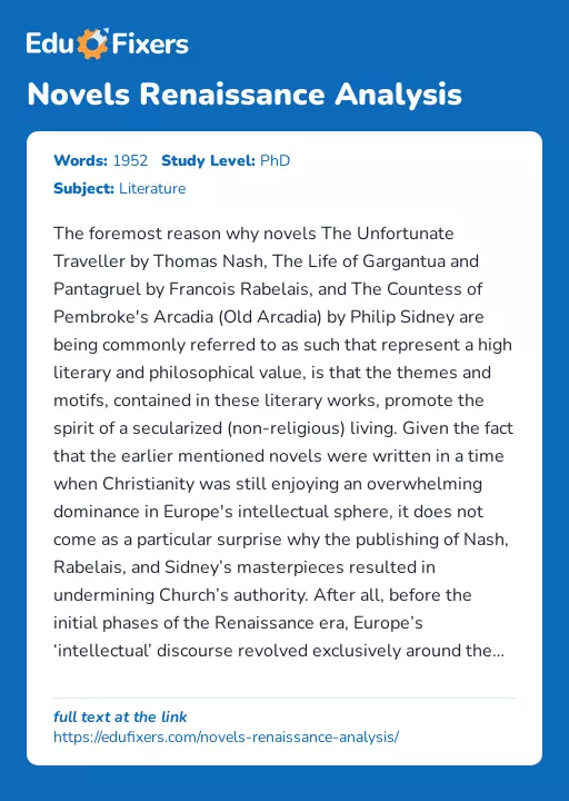 Novels Renaissance Analysis - Essay Preview