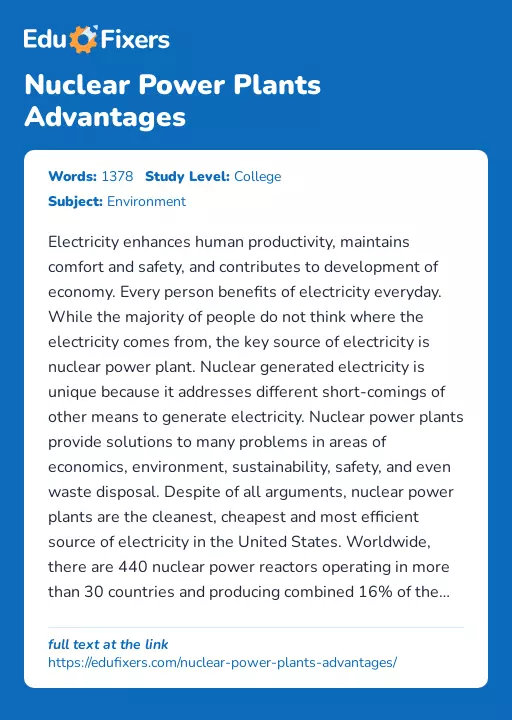 Nuclear Power Plants Advantages - Essay Preview