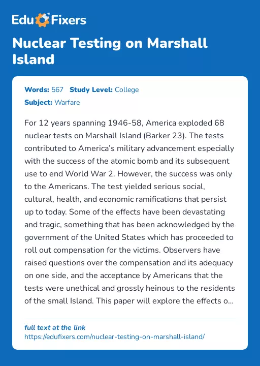 Nuclear Testing on Marshall Island - Essay Preview