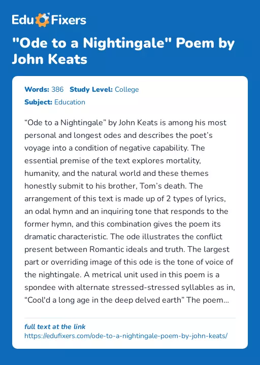 "Ode to a Nightingale" Poem by John Keats - Essay Preview