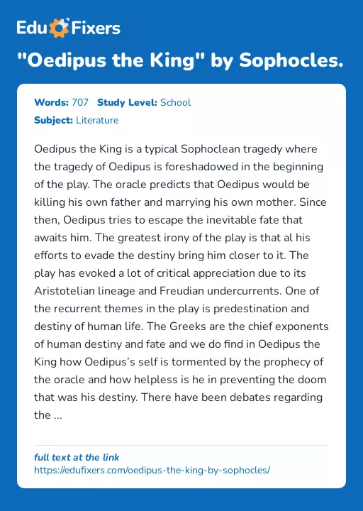 Destiny and Fate in "Oedipus the King" by Sophocles - Essay Preview