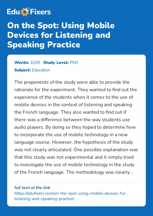 On the Spot: Using Mobile Devices for Listening and Speaking Practice - Essay Preview