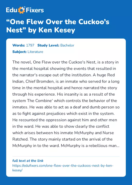 “One Flew Over the Cuckoo’s Nest” by Ken Kesey - Essay Preview