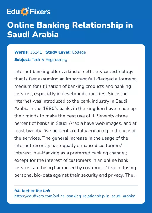 Online Banking Relationship in Saudi Arabia - Essay Preview