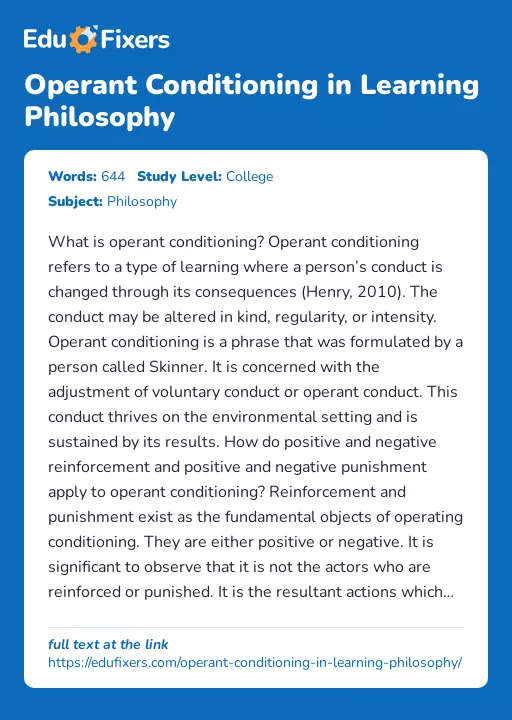 Operant Conditioning in Learning Philosophy - Essay Preview