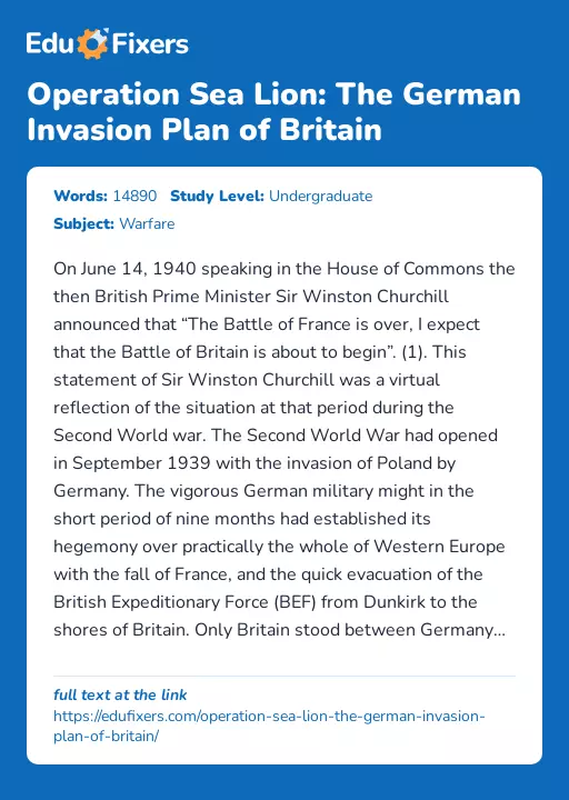 Operation Sea Lion: The German Invasion Plan of Britain - Essay Preview