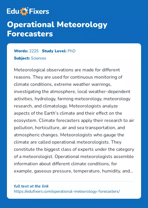 Operational Meteorology Forecasters - Essay Preview
