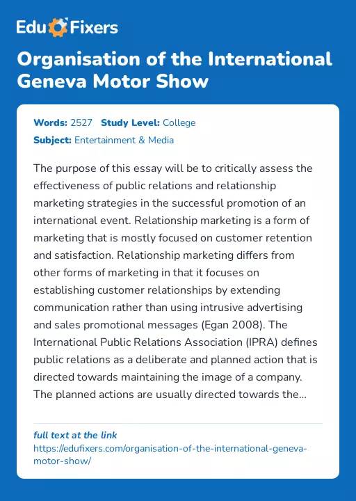 Organisation of the International Geneva Motor Show - Essay Preview
