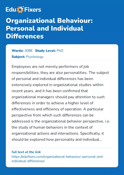 Organizational Behaviour: Personal and Individual Differences - Essay Preview
