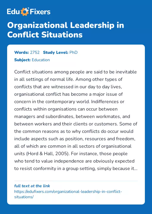 Organizational Leadership in Conflict Situations - Essay Preview