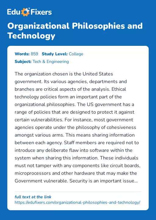 Organizational Philosophies and Technology - Essay Preview