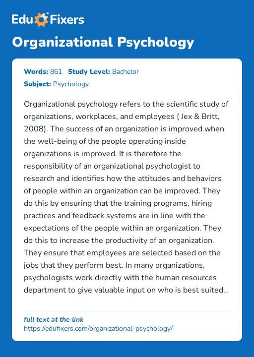 Organizational Psychology - Essay Preview