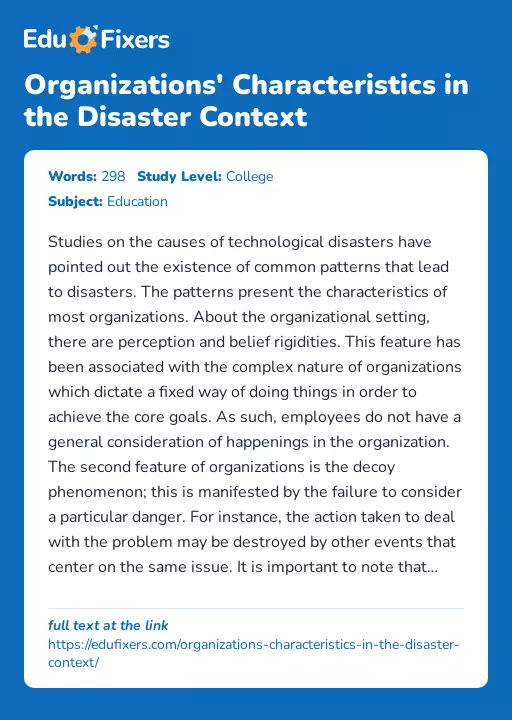 Organizations' Characteristics in the Disaster Context - Essay Preview