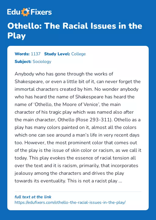 Othello: The Racial Issues in the Play - Essay Preview