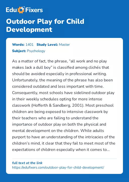 Outdoor Play for Child Development - Essay Preview