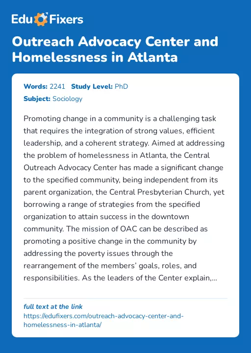 Outreach Advocacy Center and Homelessness in Atlanta - Essay Preview