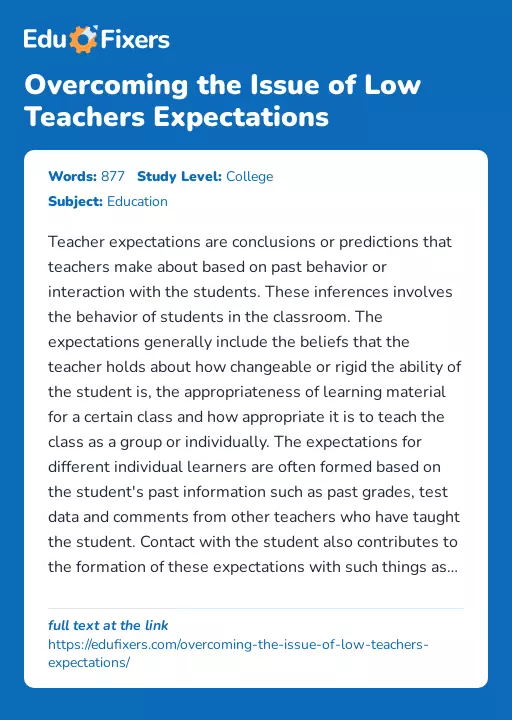 Overcoming the Issue of Low Teachers Expectations - Essay Preview