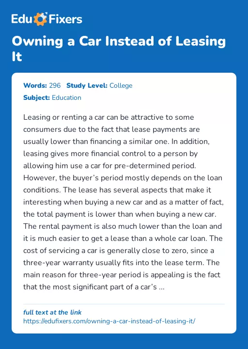 Owning a Car Instead of Leasing It - Essay Preview