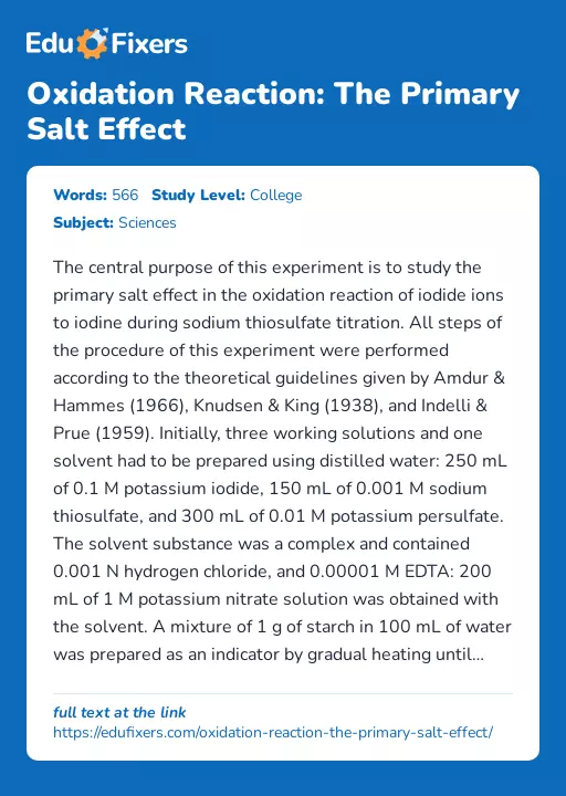 Oxidation Reaction: The Primary Salt Effect - Essay Preview