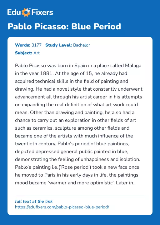 Pablo Picasso: Blue Period - Essay Preview