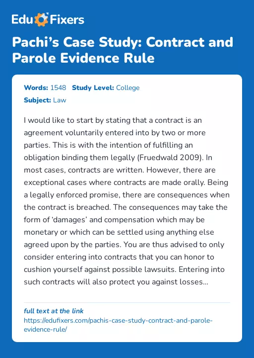 Pachi’s Case Study: Contract and Parole Evidence Rule - Essay Preview