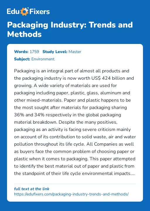 Packaging Industry: Trends and Methods - Essay Preview