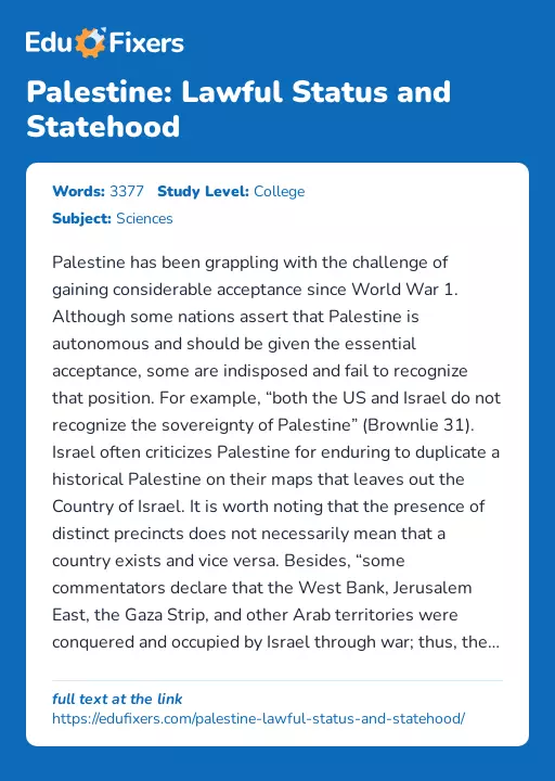 Palestine: Lawful Status and Statehood - Essay Preview