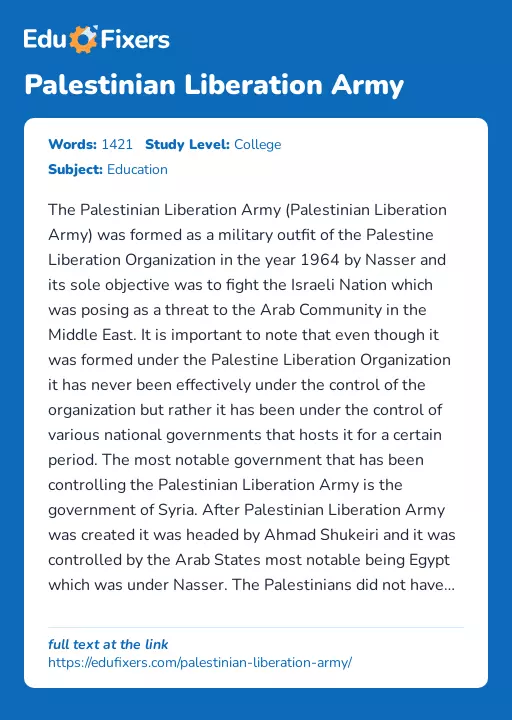 Palestinian Liberation Army - Essay Preview