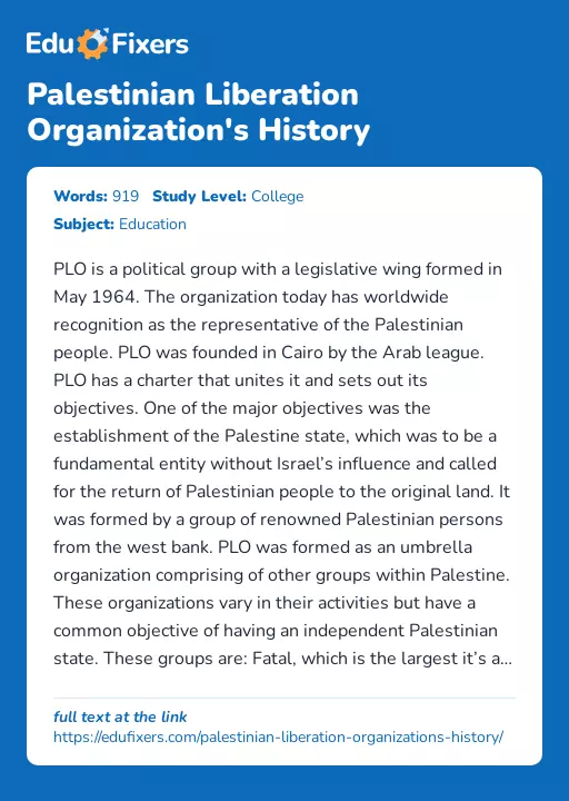 Palestinian Liberation Organization's History - Essay Preview