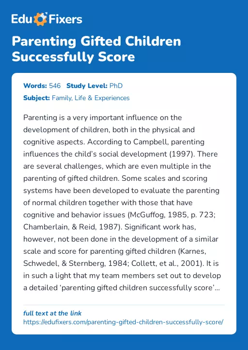 Parenting Gifted Children Successfully Score - Essay Preview