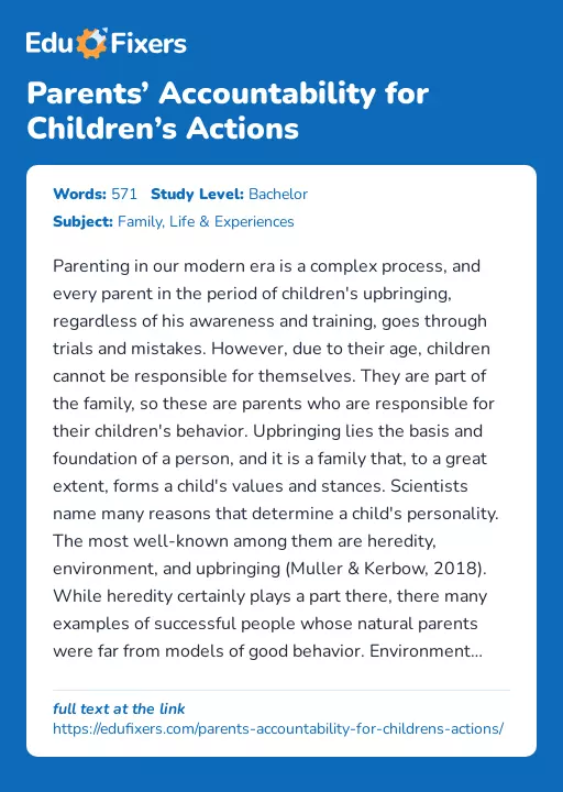 Parents’ Accountability for Children’s Actions - Essay Preview