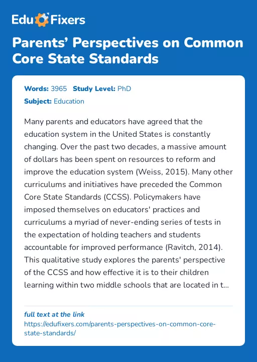 Parents’ Perspectives on Common Core State Standards - Essay Preview