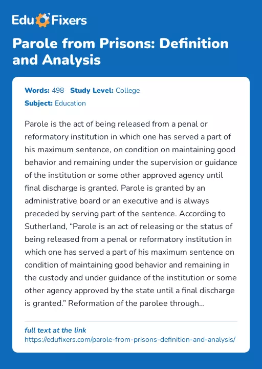Parole from Prisons: Definition and Analysis - Essay Preview