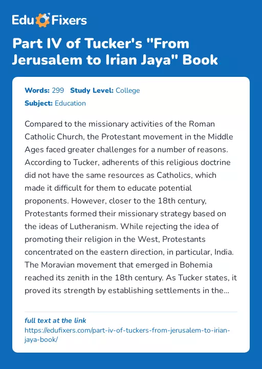 Part IV of Tucker's "From Jerusalem to Irian Jaya" Book - Essay Preview