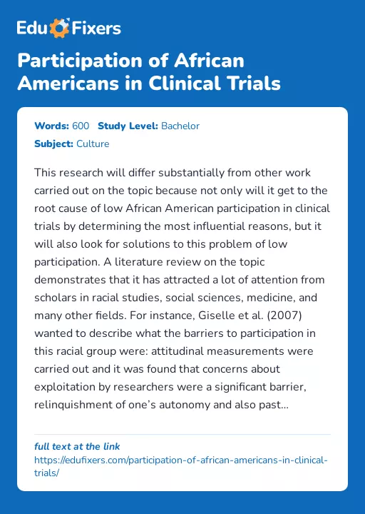Participation of African Americans in Clinical Trials - Essay Preview