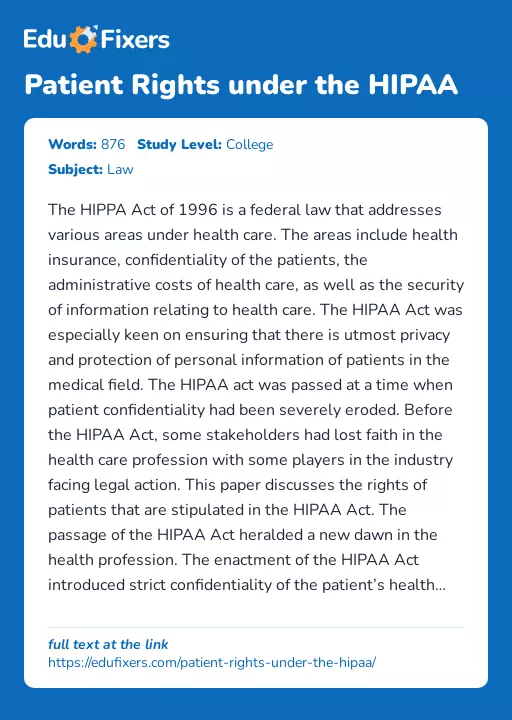 Patient Rights under the HIPAA - Essay Preview