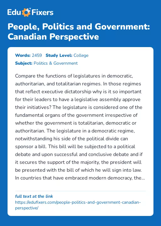 People, Politics and Government: Canadian Perspective - Essay Preview